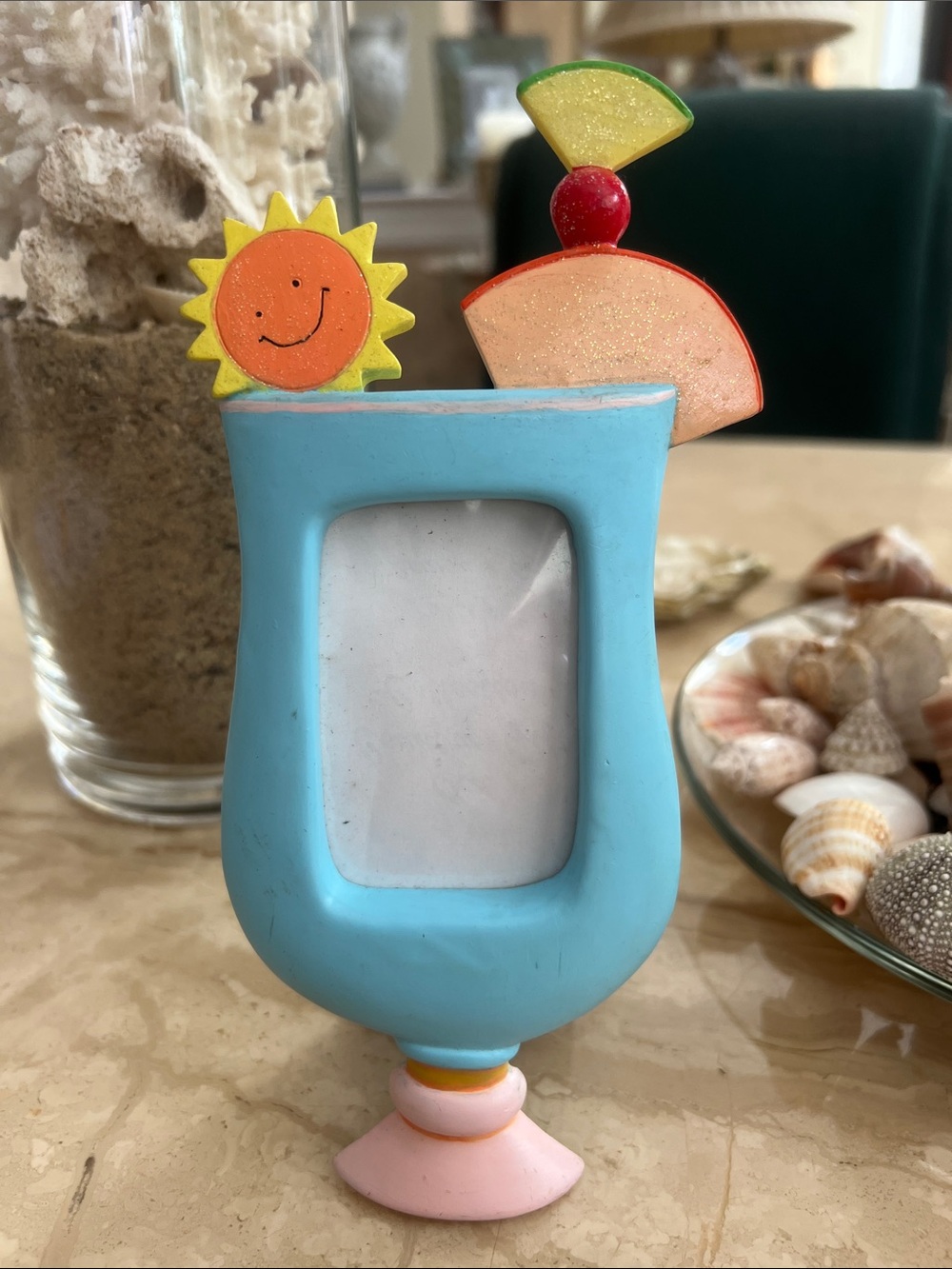 Blue Tropical Drink Photo Frame with Shimmery Sun & Fruit Accents